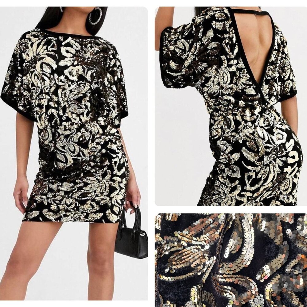 NWT Asos Flounce London Gold Sequin Batwing Mini Dress With Velvet Edging ✨HP!✨